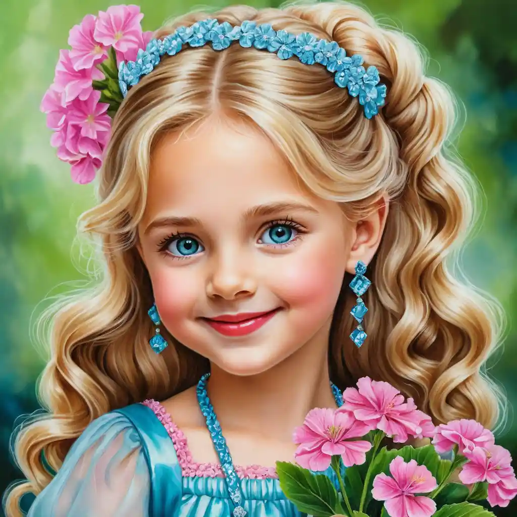 Smiling blonde girl with flowers in a lime green dress