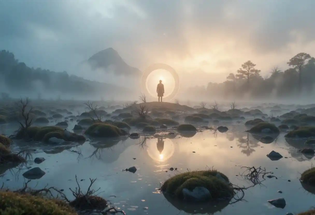 Solitary figure fading into dawn over a reflective moor
