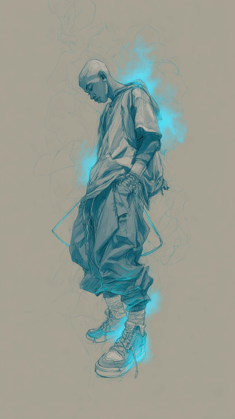 Graffiti character sketch with blue spray paint accents