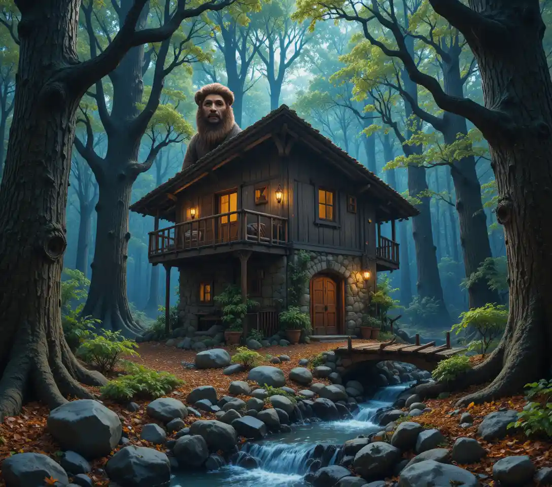 Cozy log cabin with deer beside a forest stream