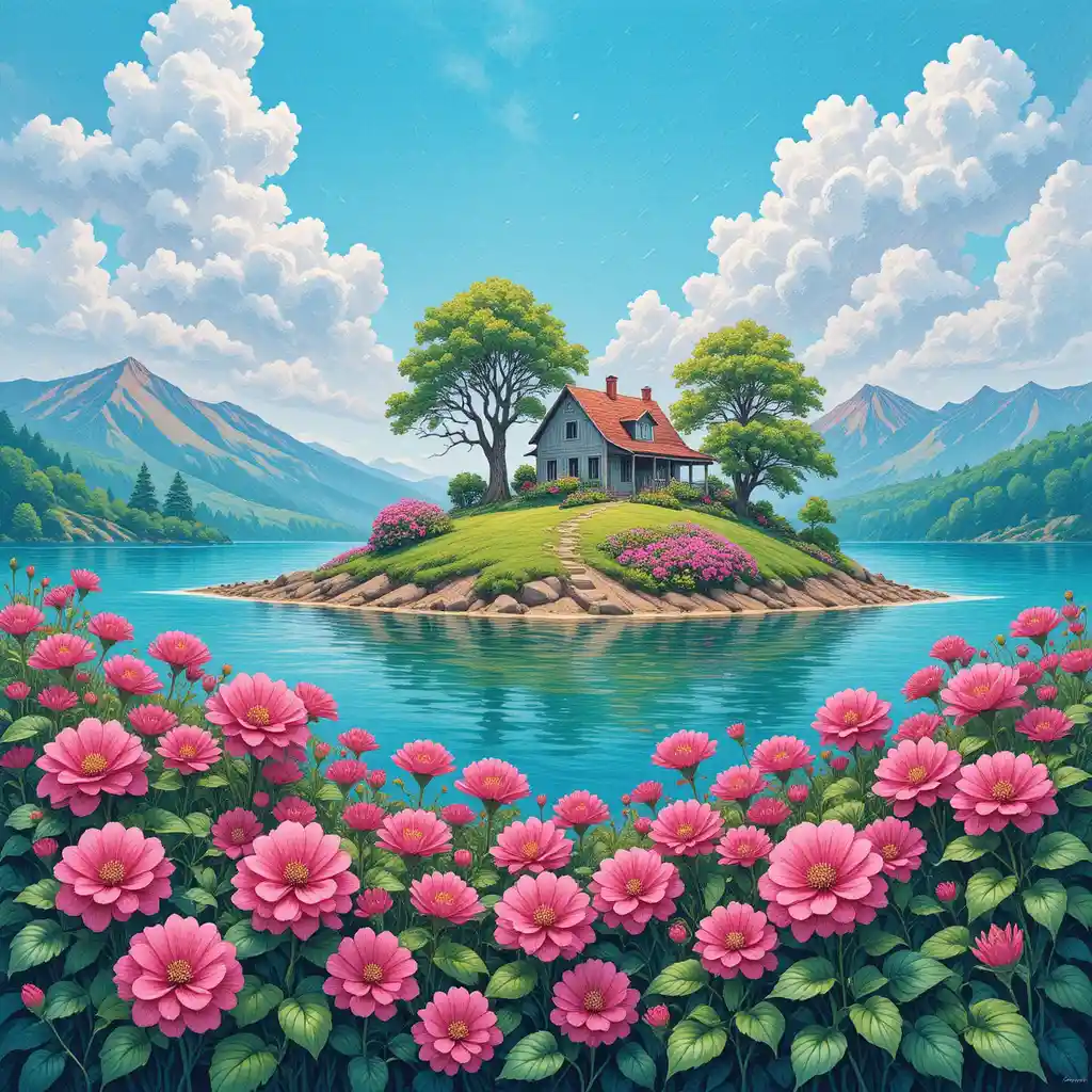 Summer island house surrounded by water and pink flowers