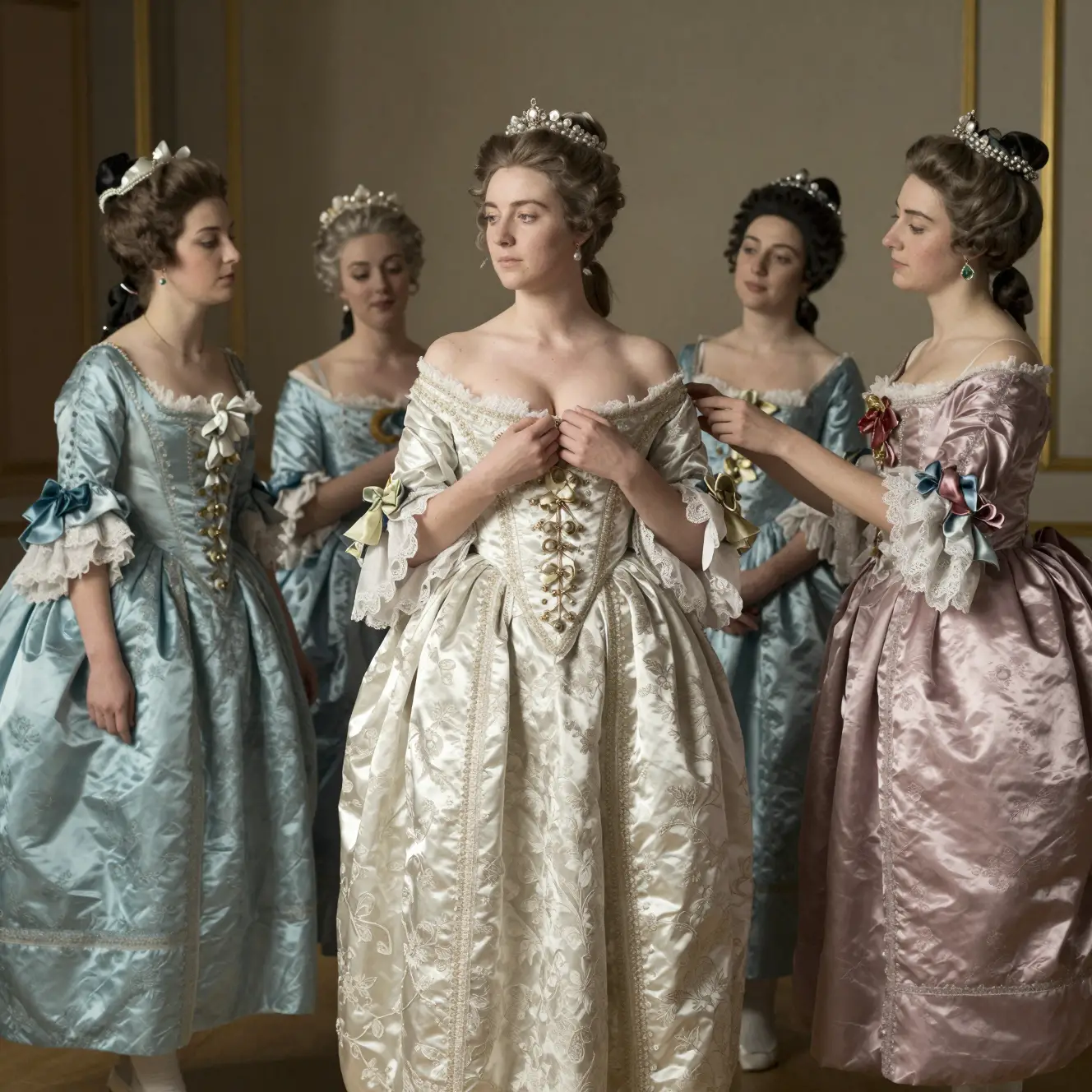 Elegant ladies dressing in a Louis XIV era boudoir