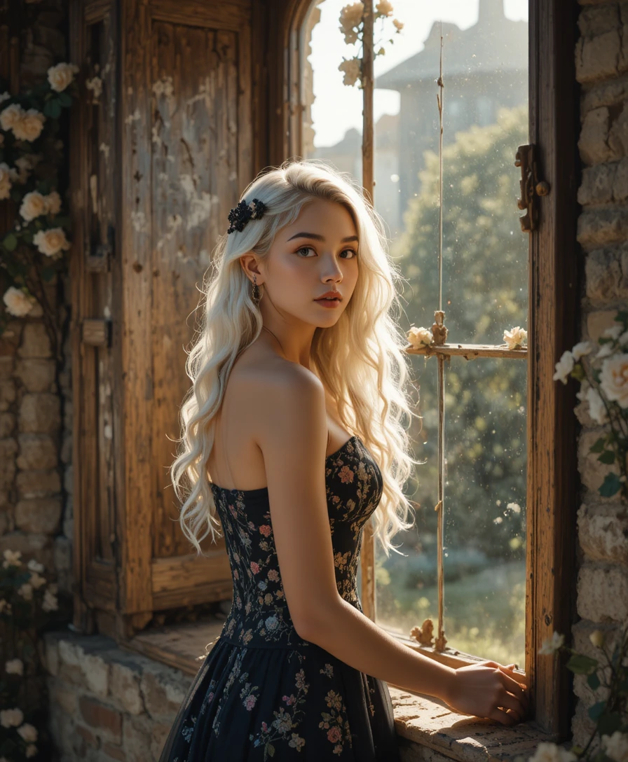 Elegant woman by an antique window in warm sunlight