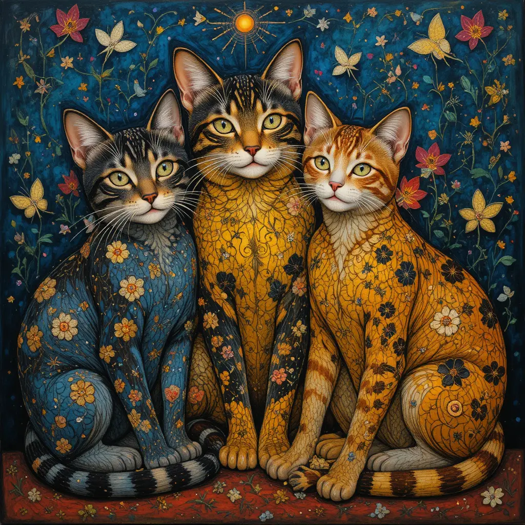 Decorative fantasy cats in a whimsical nautical themed scene