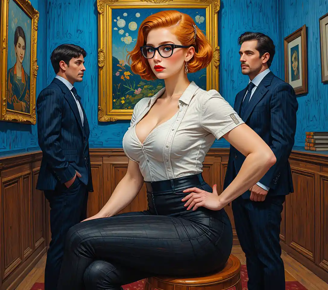 Animated middle aged woman speaking in a vintage hallway