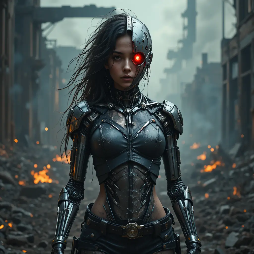 Battle damaged female cyborg in a burning wasteland