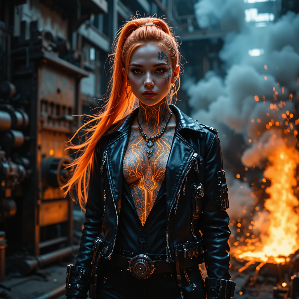 Intense portrait of a woman in a glowing steel factory