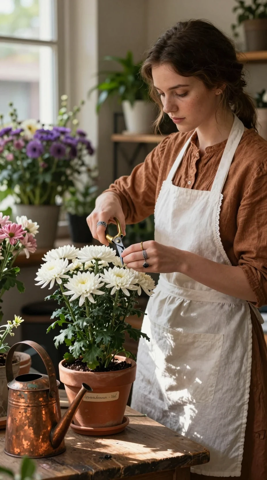 Young florist pruning white chrysanthemums in warm sunlight