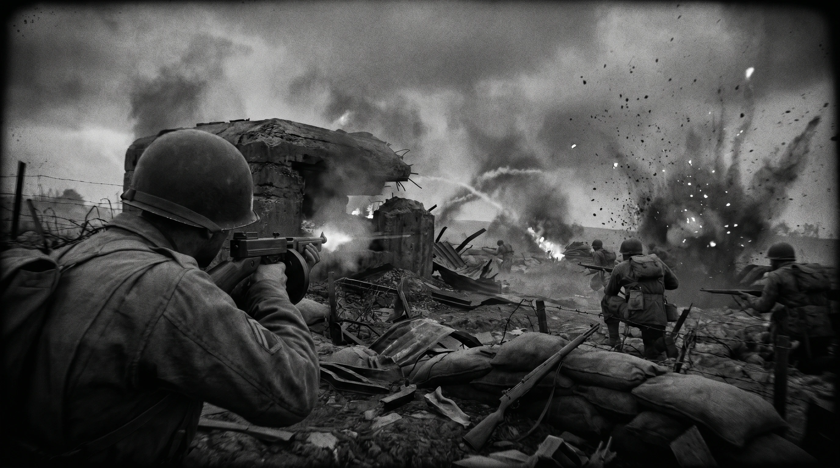 World War II soldier firing into a shattered bunker