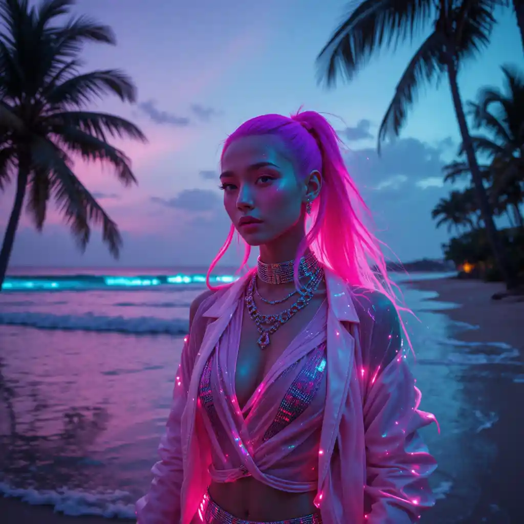 Surreal neon woman on tropical shoreline at dusk
