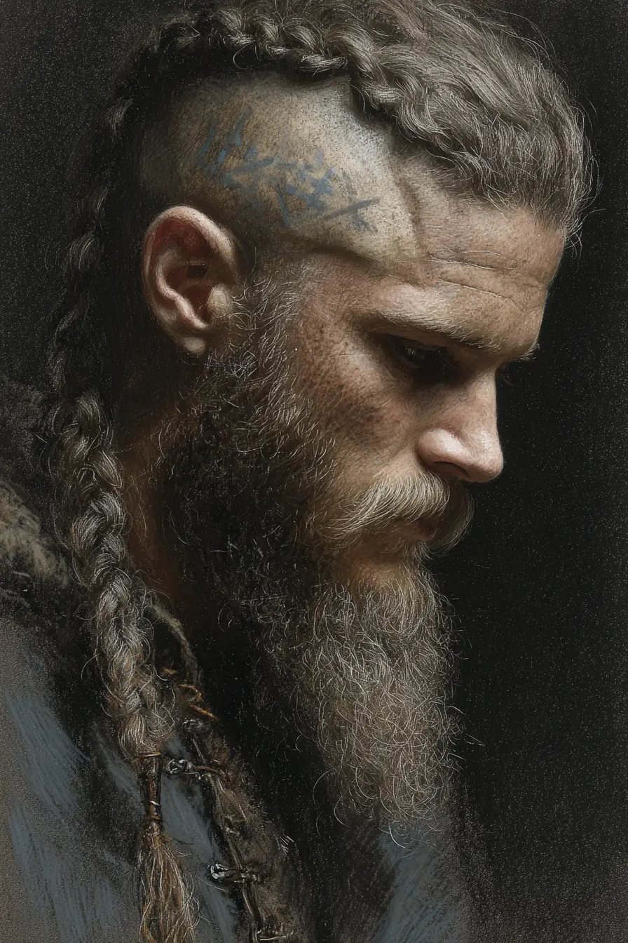 Dark mixed media portrait of an intense viking warrior