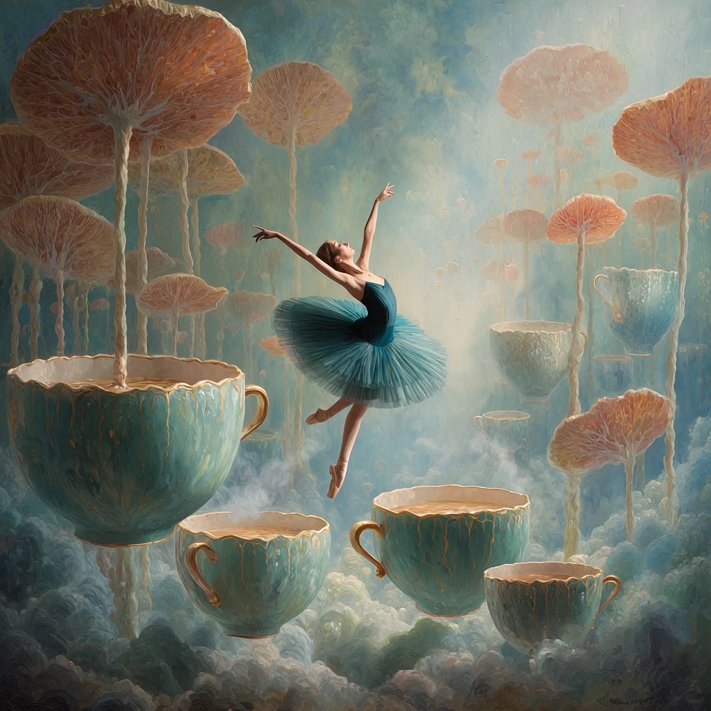Surreal ballerina dancing above a pastel candy forest