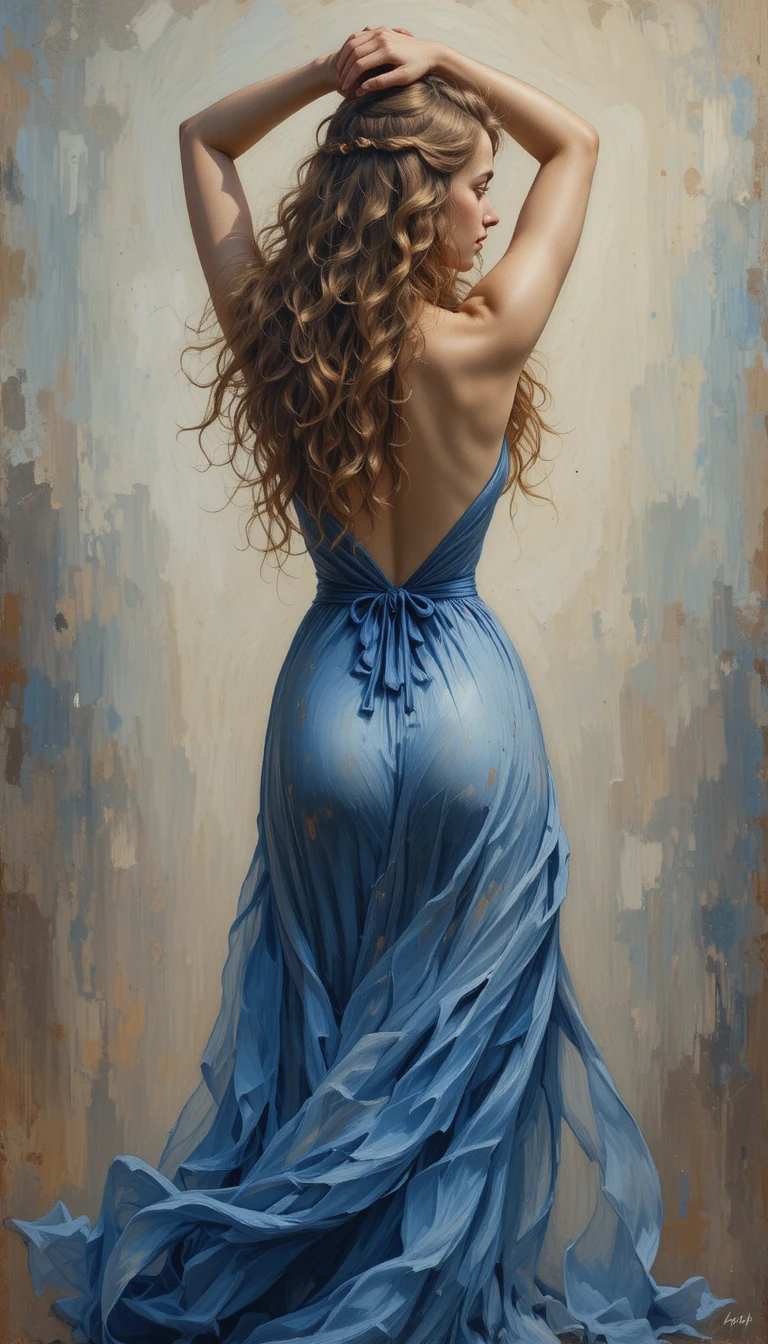 Impressionist painting of a woman in a flowing blue dress