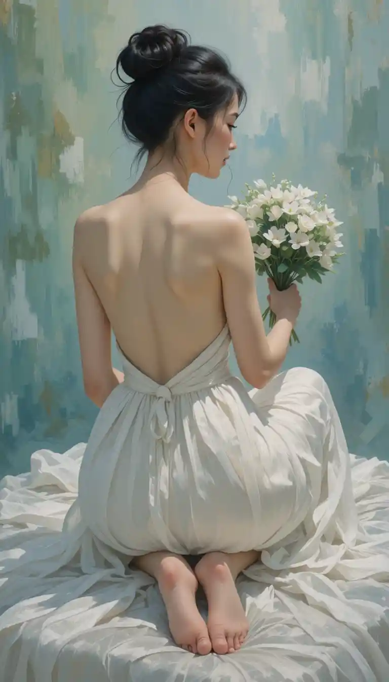 Donna elegante in abito bianco con fiori vista da dietro