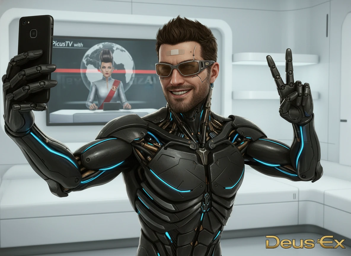 Augmented cyborg man taking a selfie in hotel room