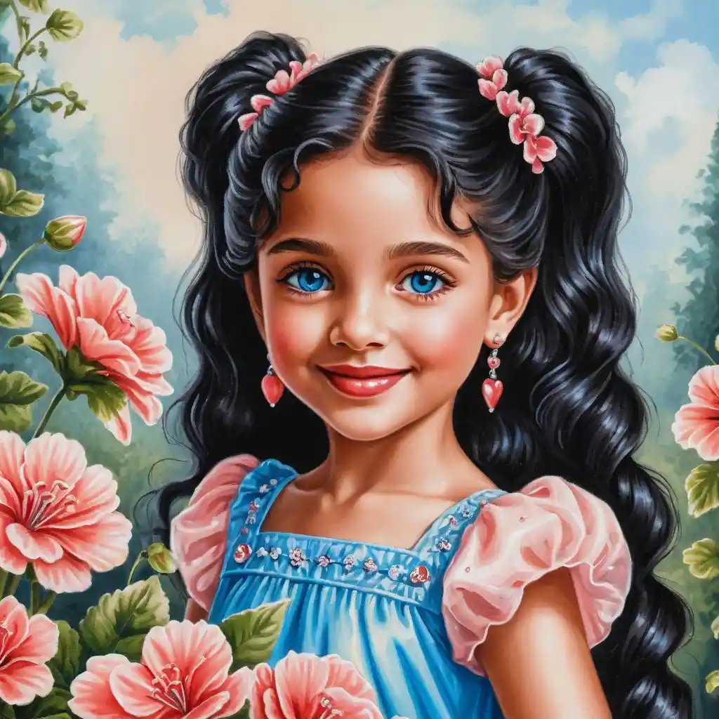 Smiling girl with long black hair and pink geranium bouquet