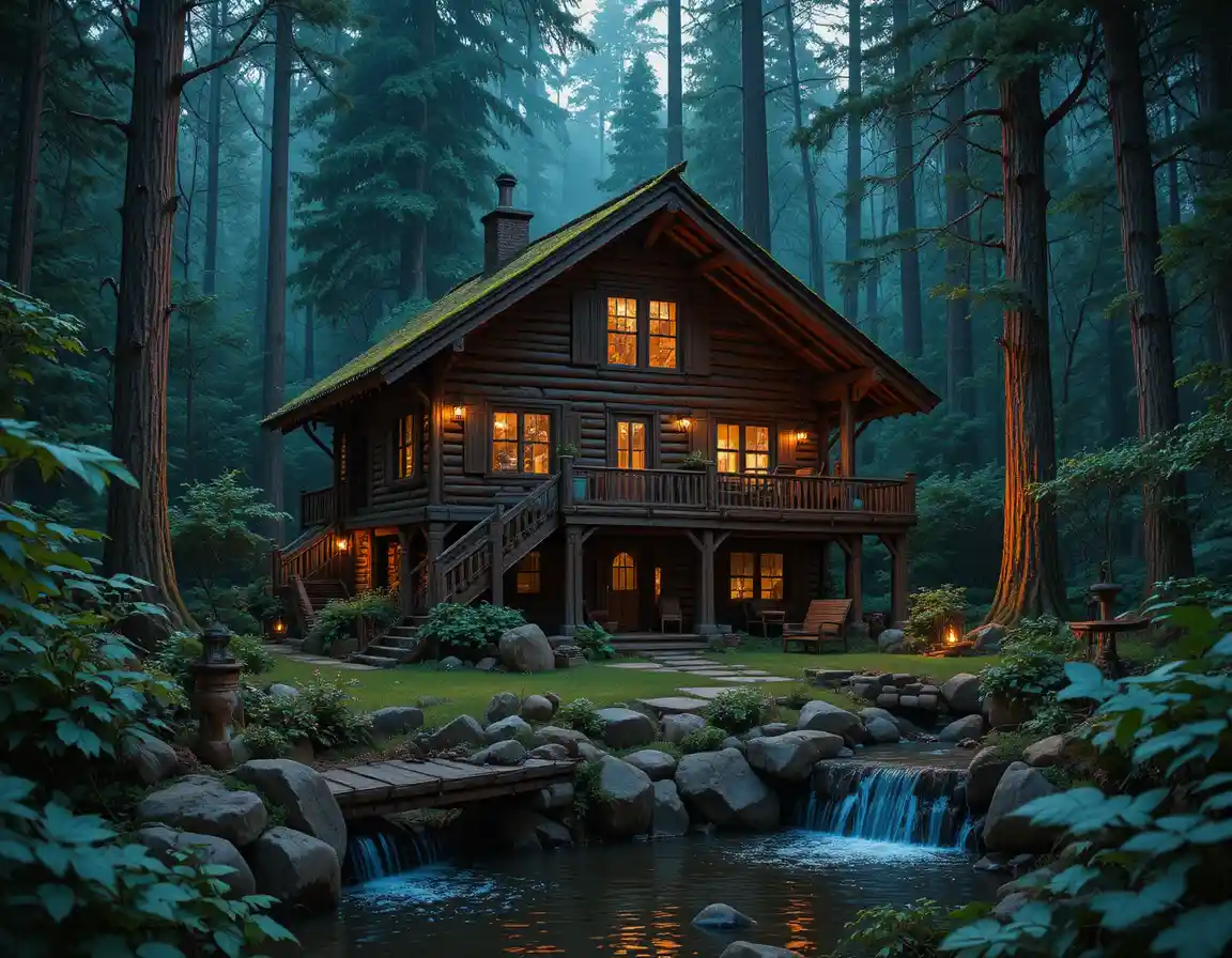 Gemütliche Holzhütte im Wald an einem Bach bei Nacht