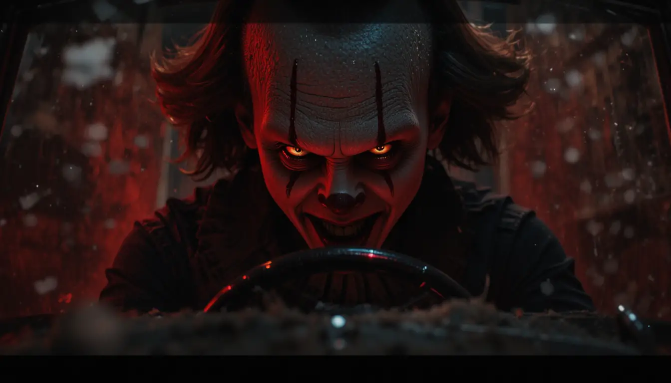 Extreme close up of a demonic clown face in red light