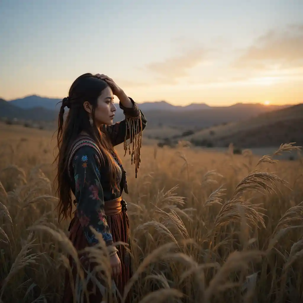 Sioux woman in tall grass looking toward distant hills