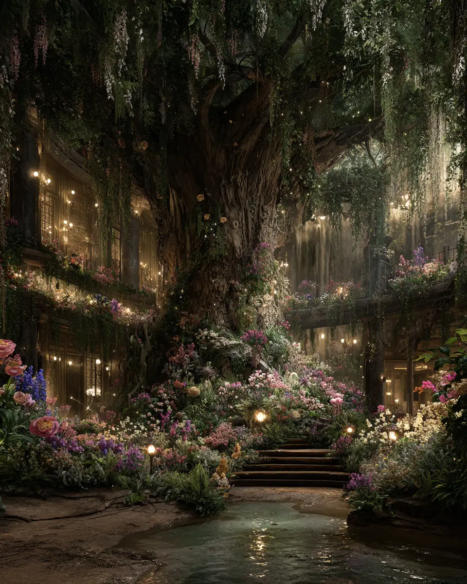 Hidden elven city in a colossal luminous world tree