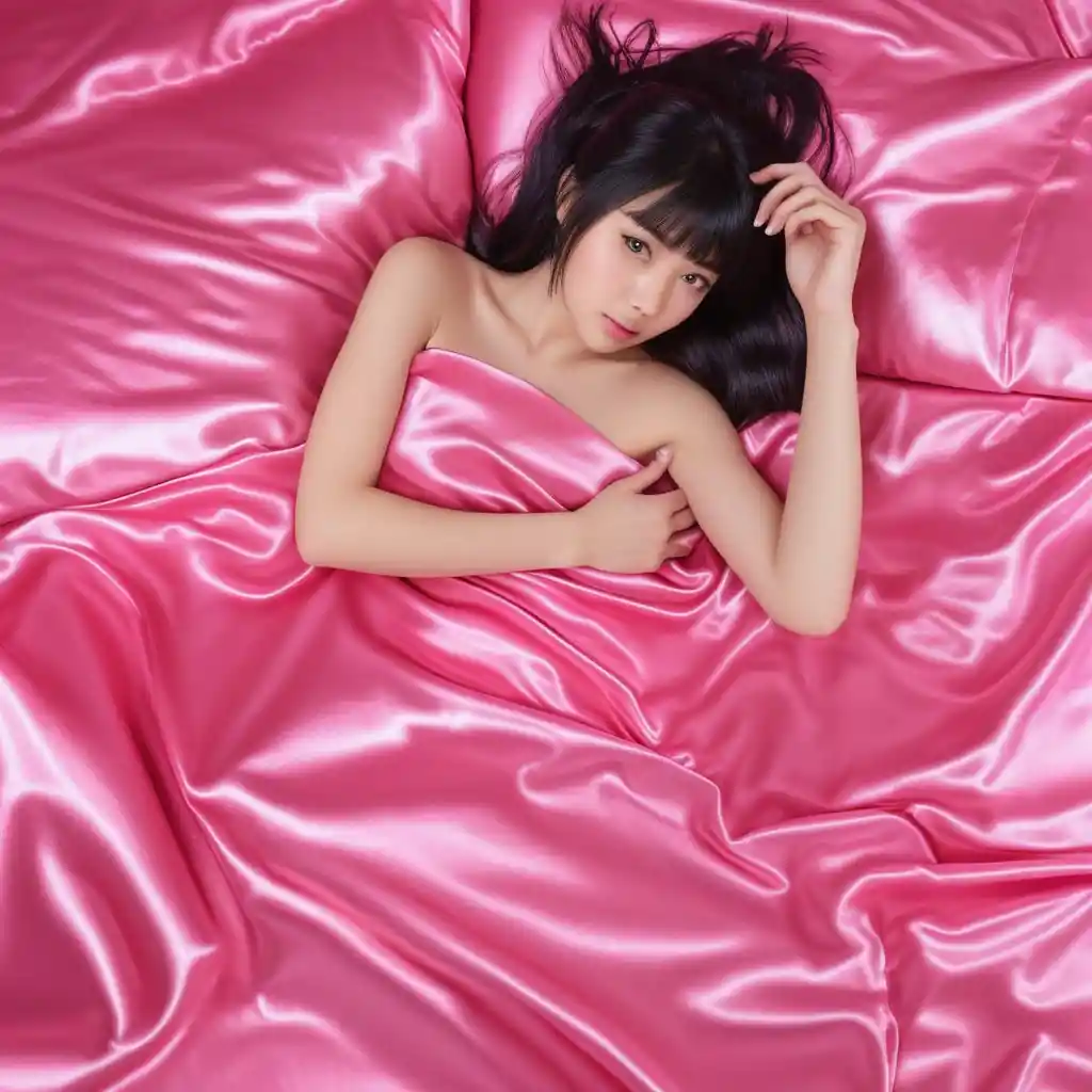 Japanese woman lying on hot pink satin bed sheets