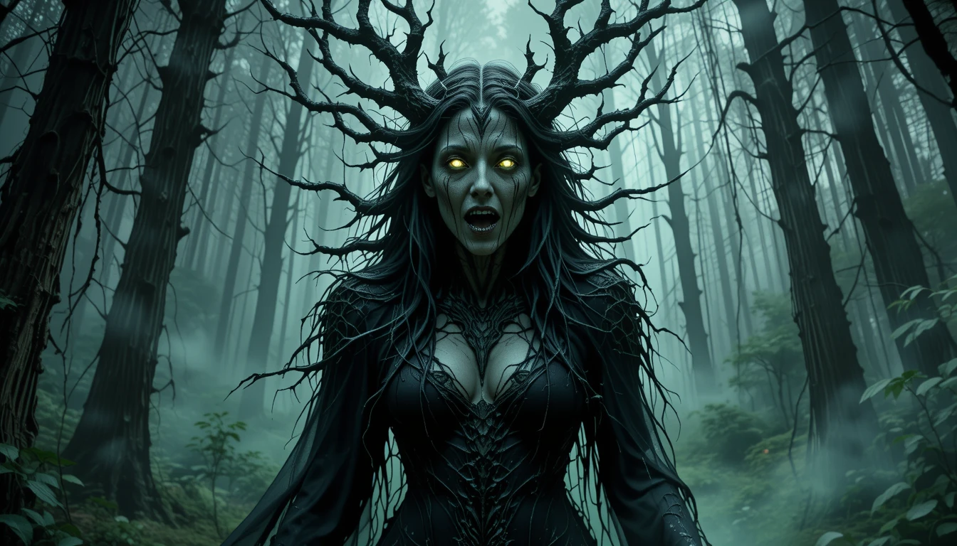 Corrupted female druid emerging from a dark misty forest