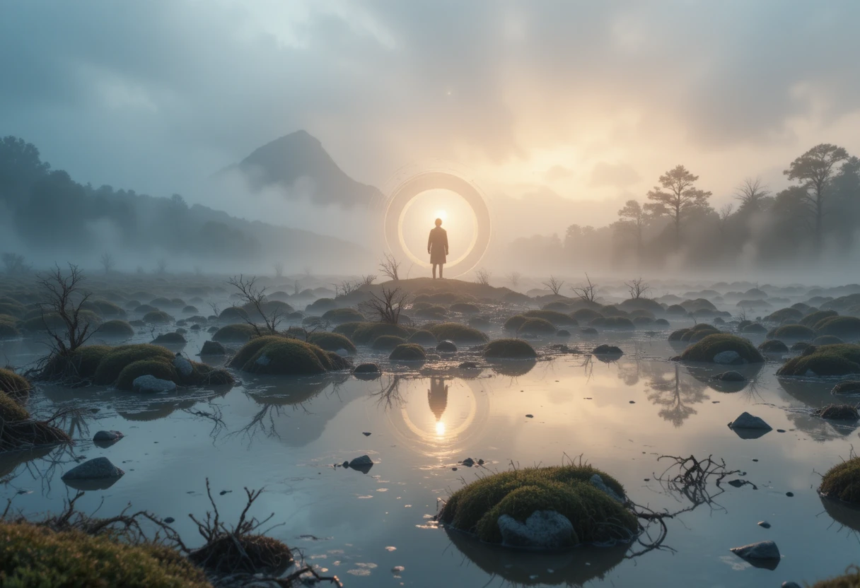 Solitary figure fading into dawn over a reflective moor