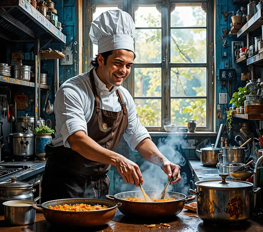 Smiling chef cooking in a professional kitchen interior