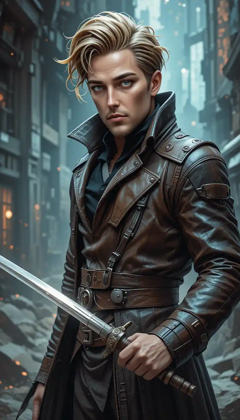 Blond space rogue with rapier in worn leather coat