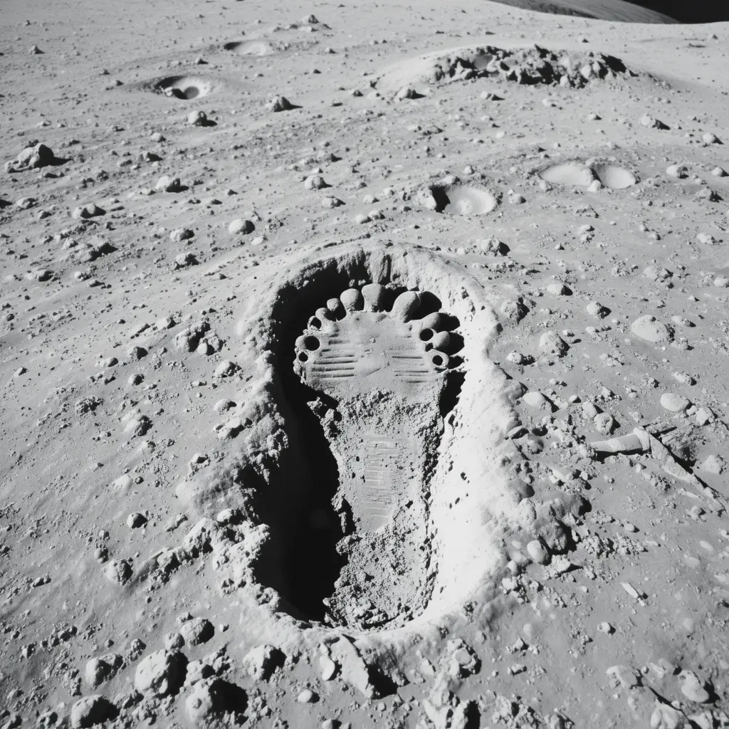Astronaut footprint pressed into the dusty moon surface
