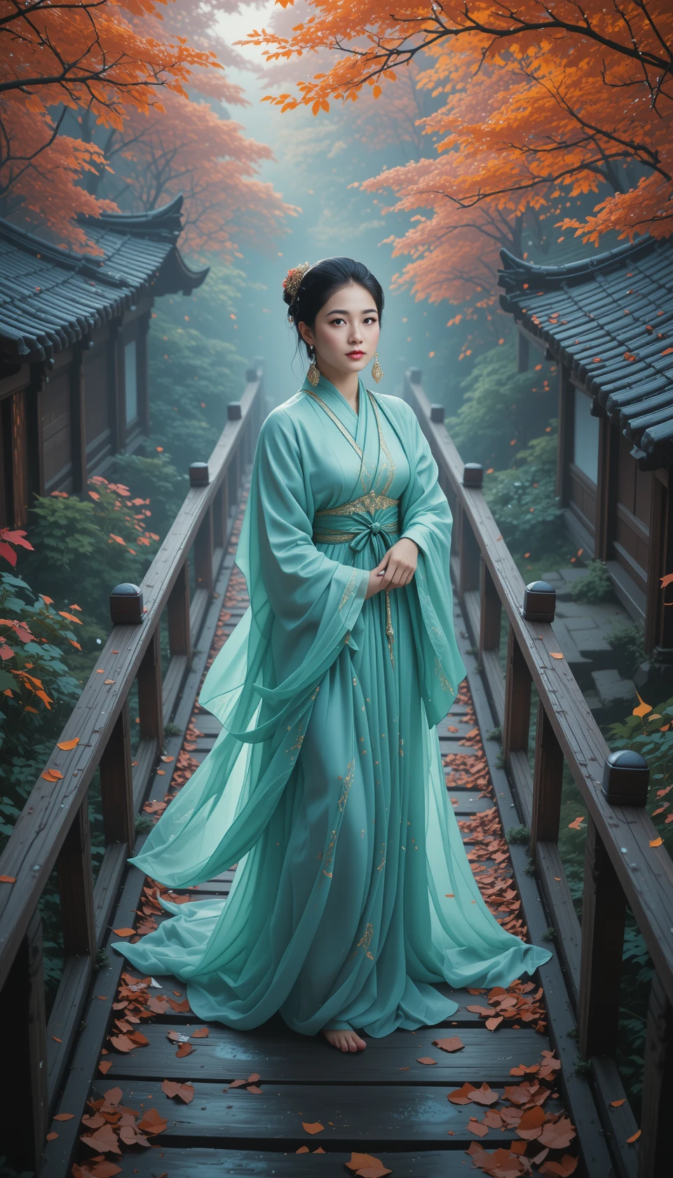 East Asian woman on bridge in tranquil Japanese garden