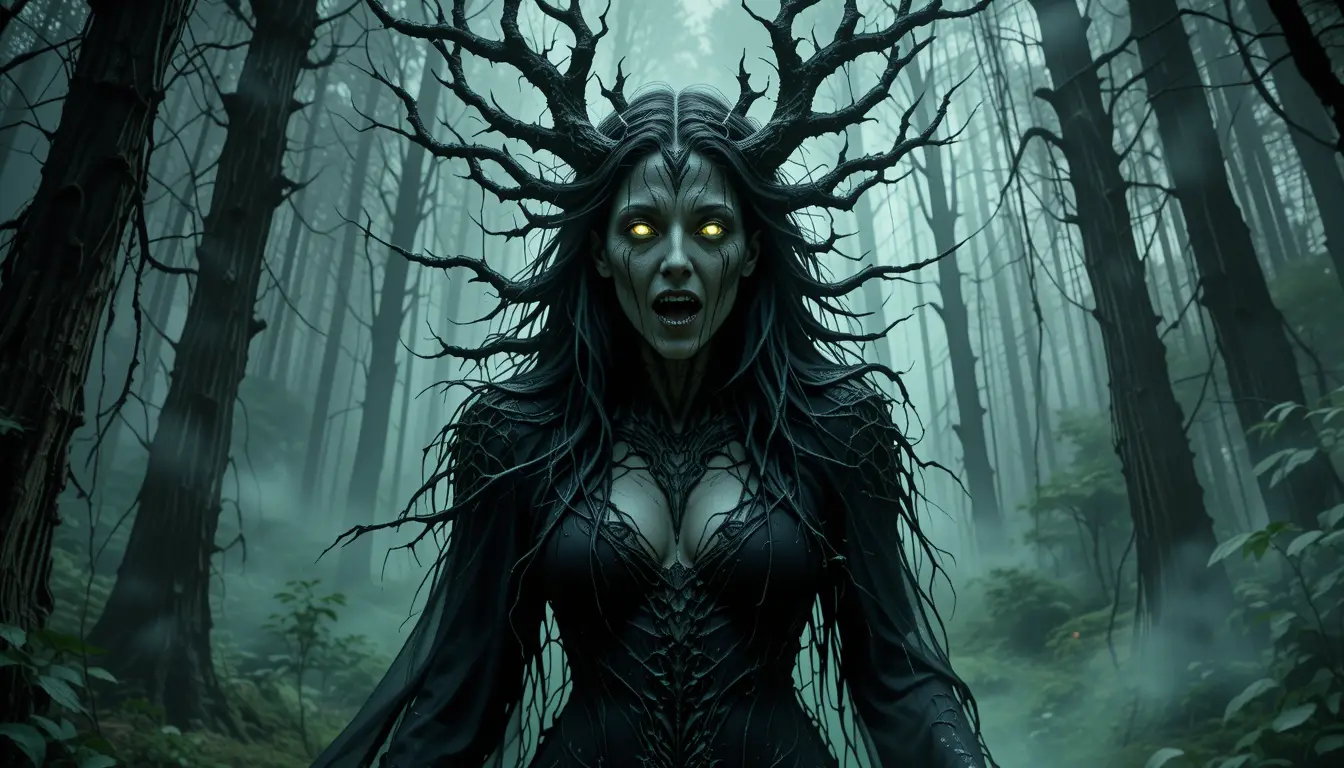 Druida corrupta emergiendo de un bosque oscuro y brumoso