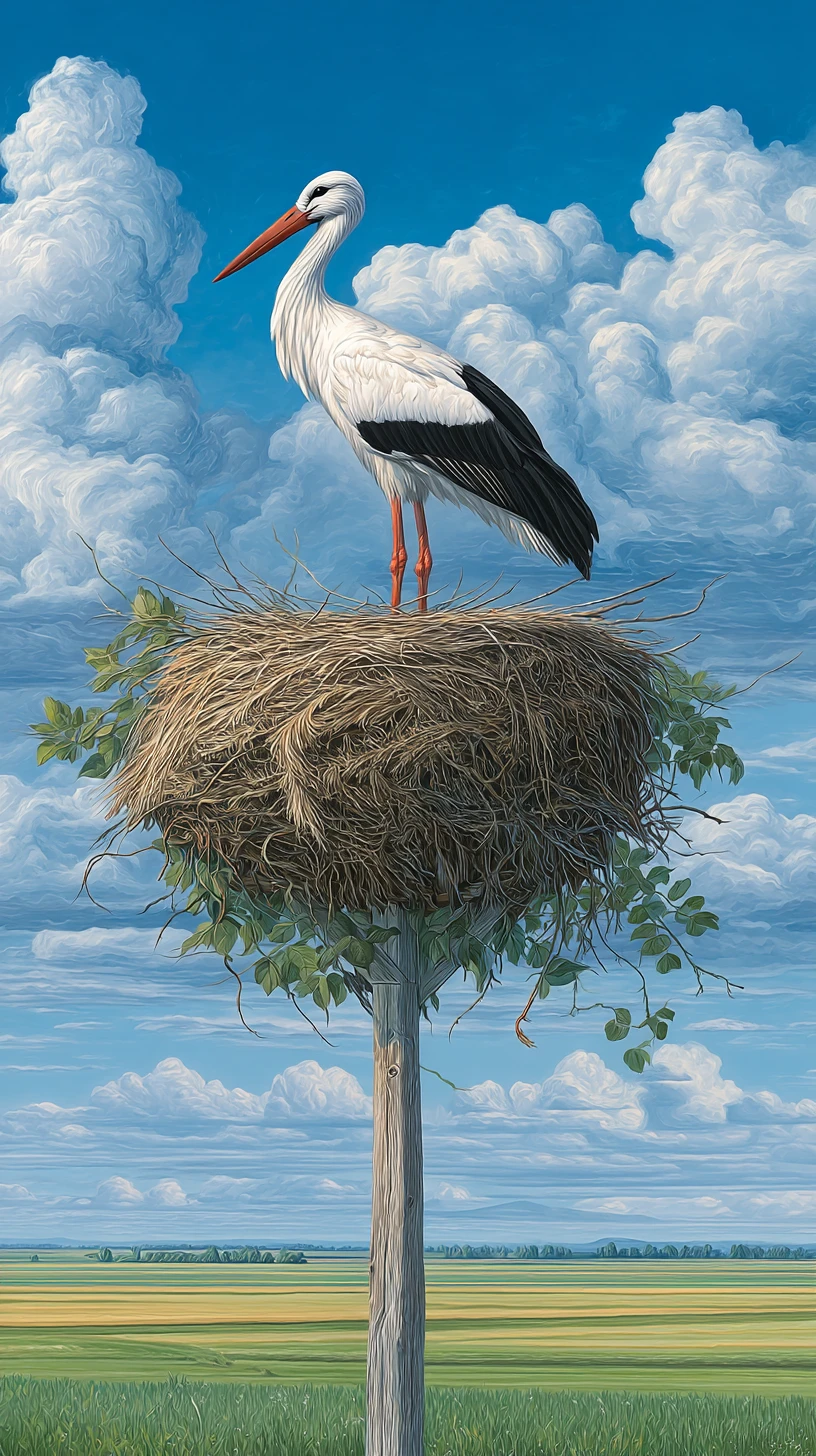 Stork Resting On A Tall Nest Above A Vast Green Field