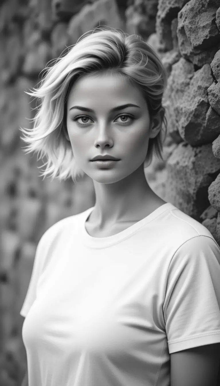Serene black and white portrait of a young blonde woman