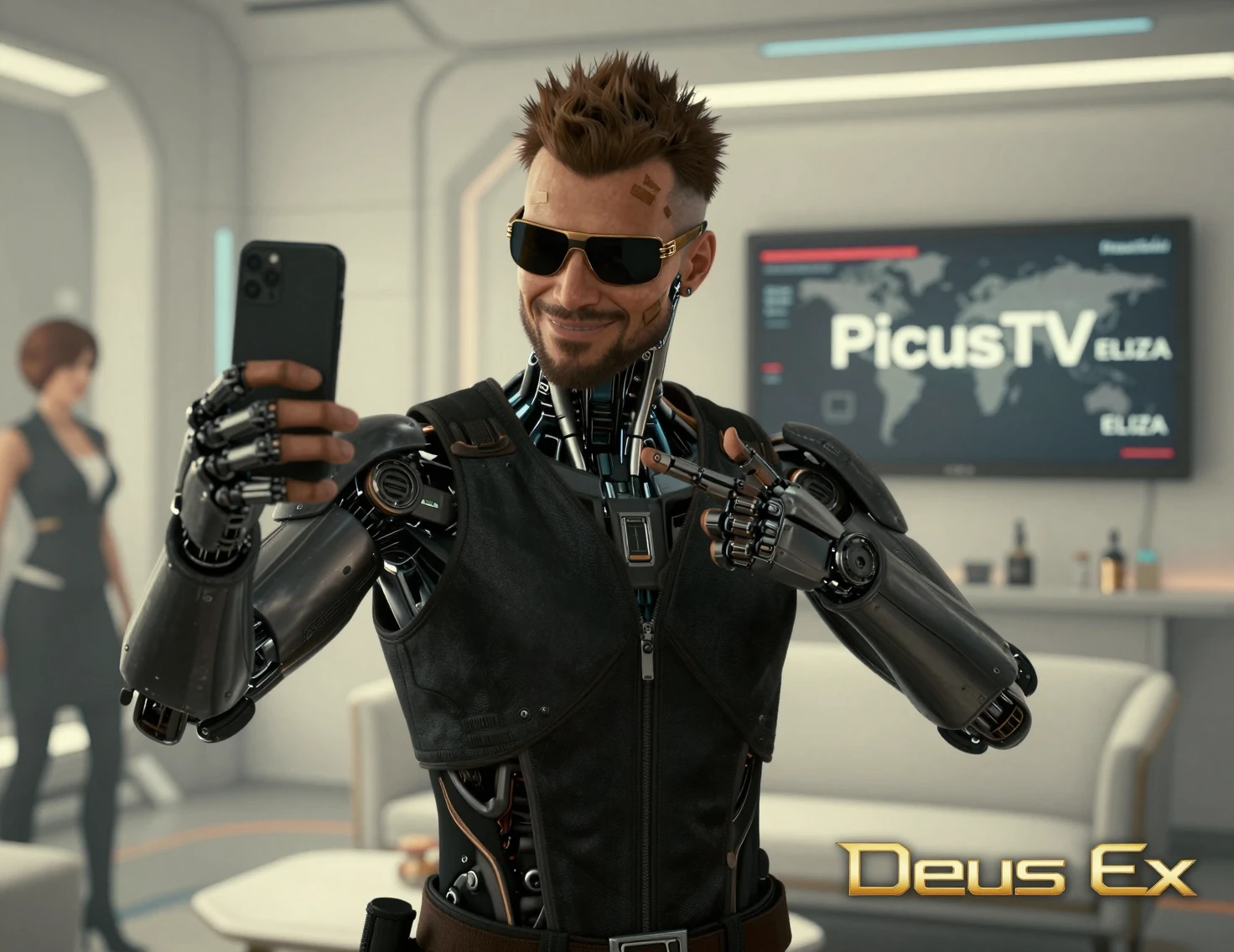 Augmented man taking a selfie in a futuristic hotel room