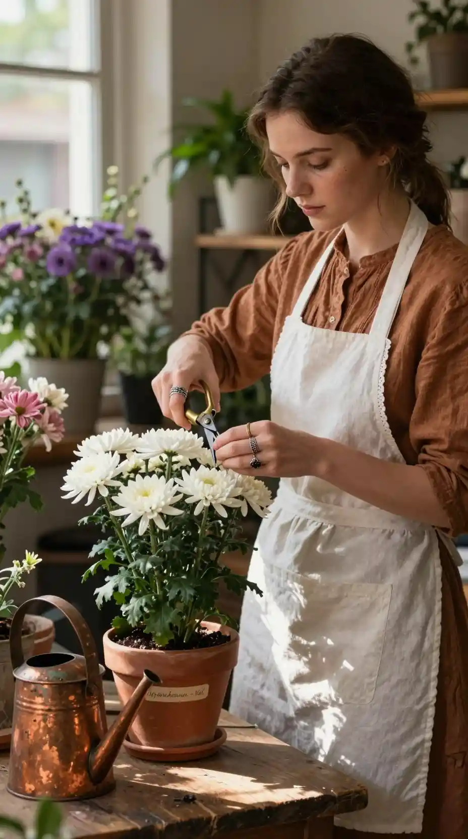 Young florist pruning white chrysanthemums in warm sunlight
