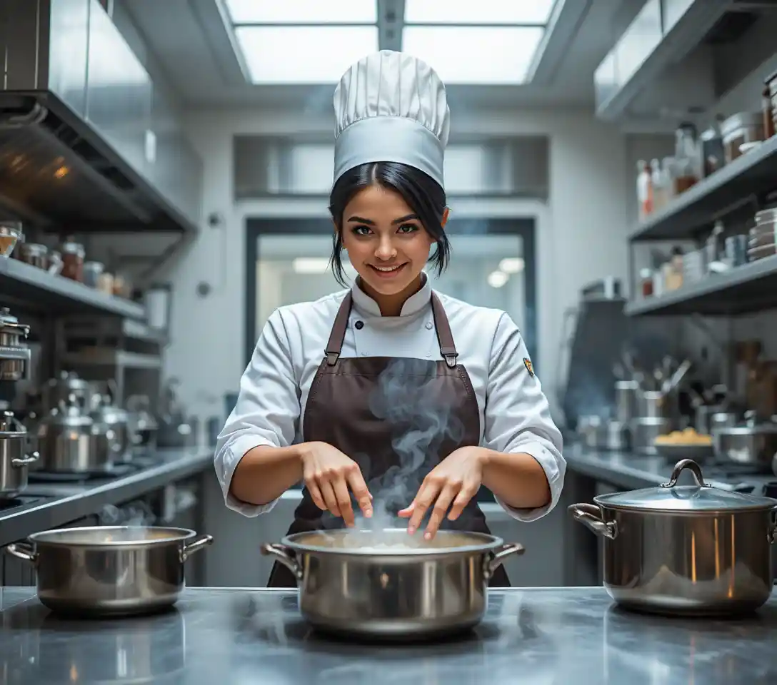Female chef focused at work in a bright professional kitchen
