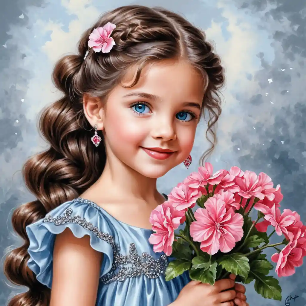 Smiling young girl with long braid holding pink flowers