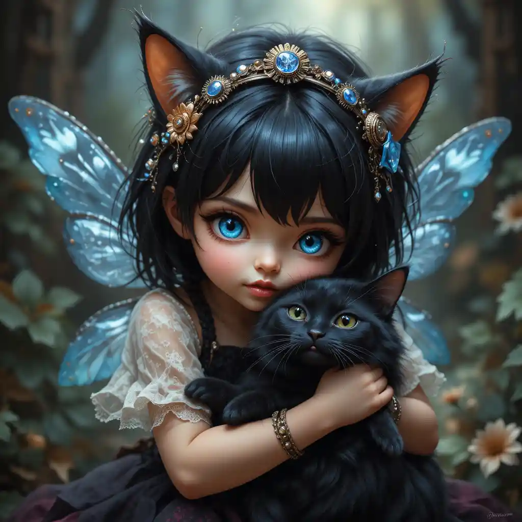 Steampunk fairy toddler cuddling a silky black cat