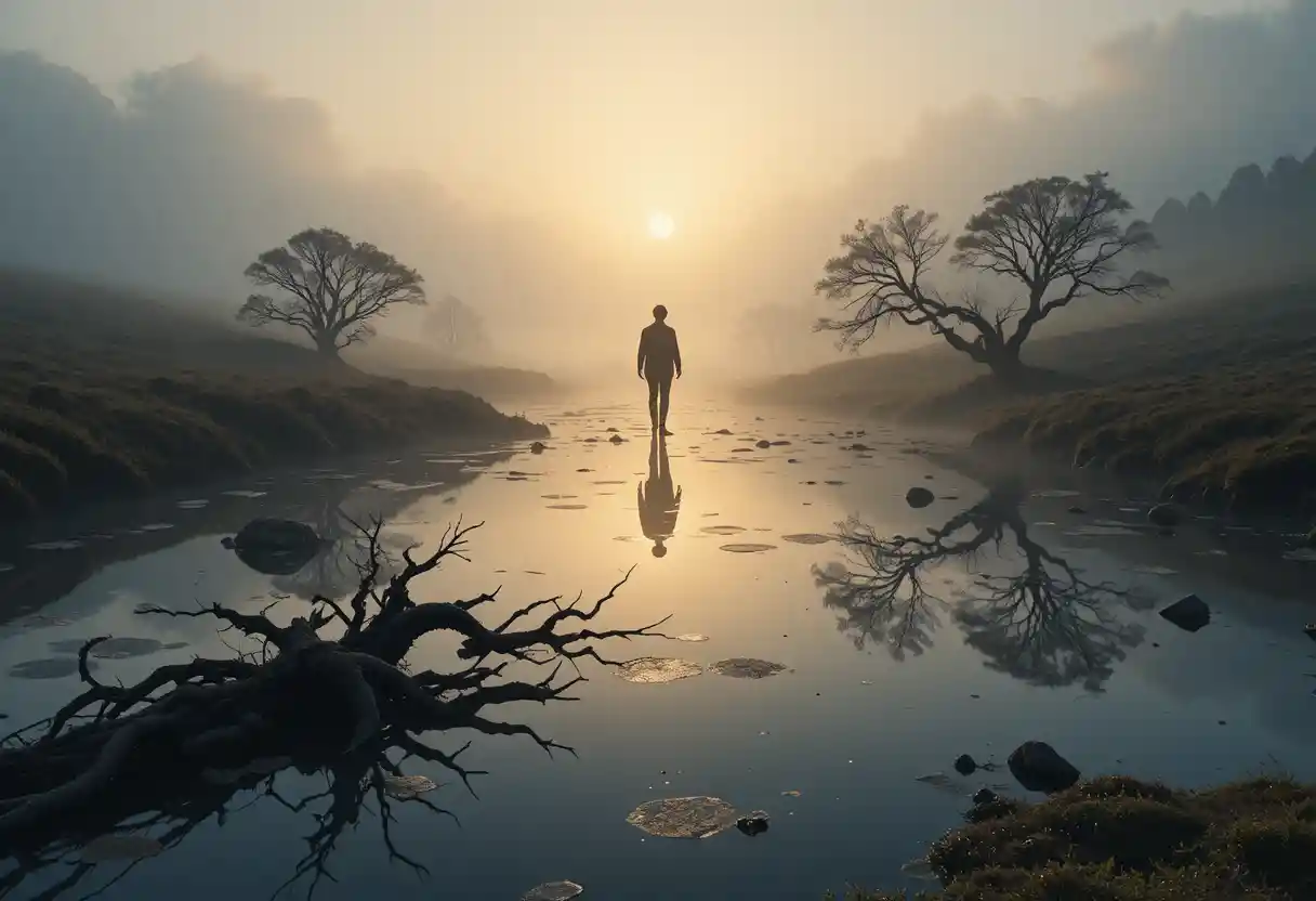 Lone figure fading into a misty moor at dawn