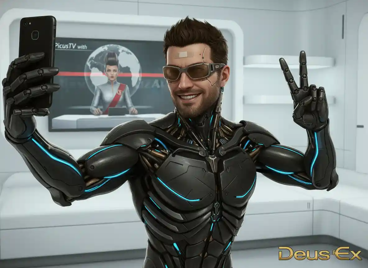 Augmented cyborg man taking a selfie in hotel room