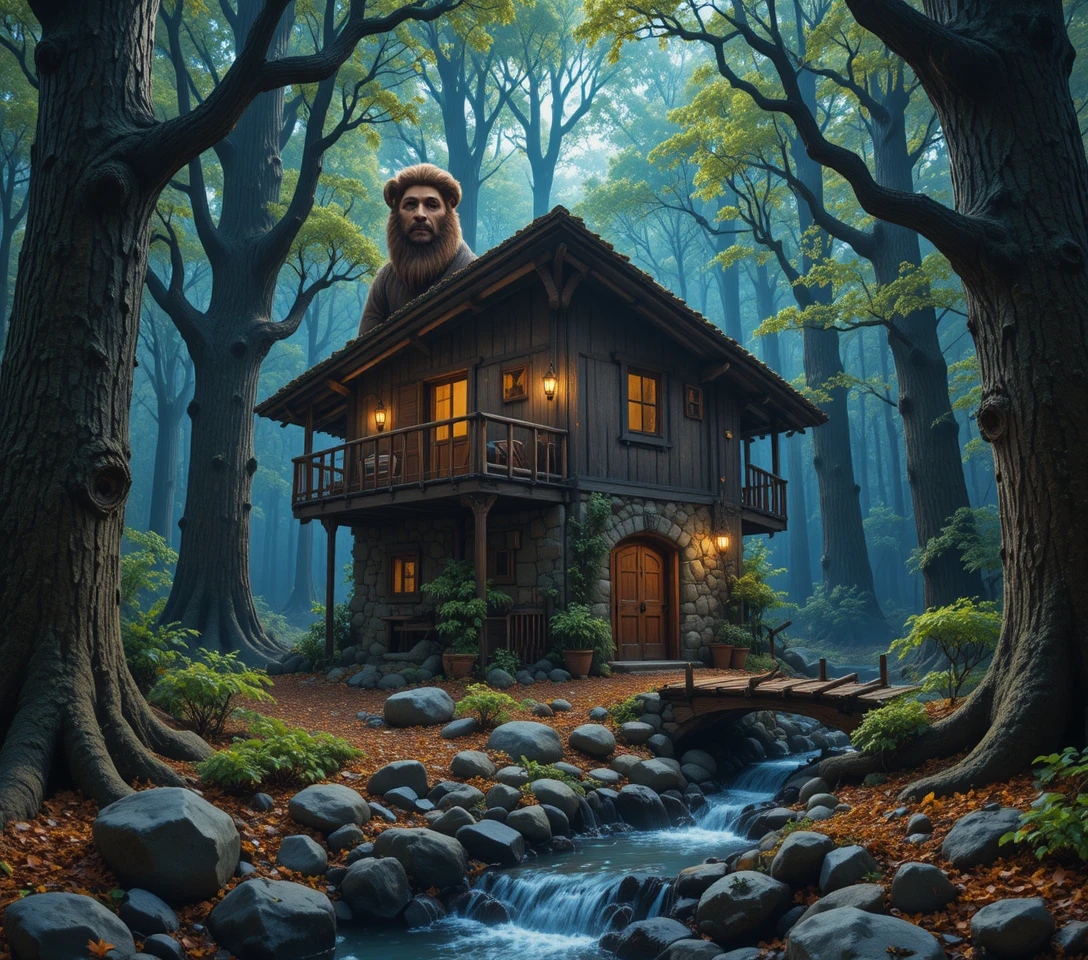 Cozy log cabin with deer beside a forest stream