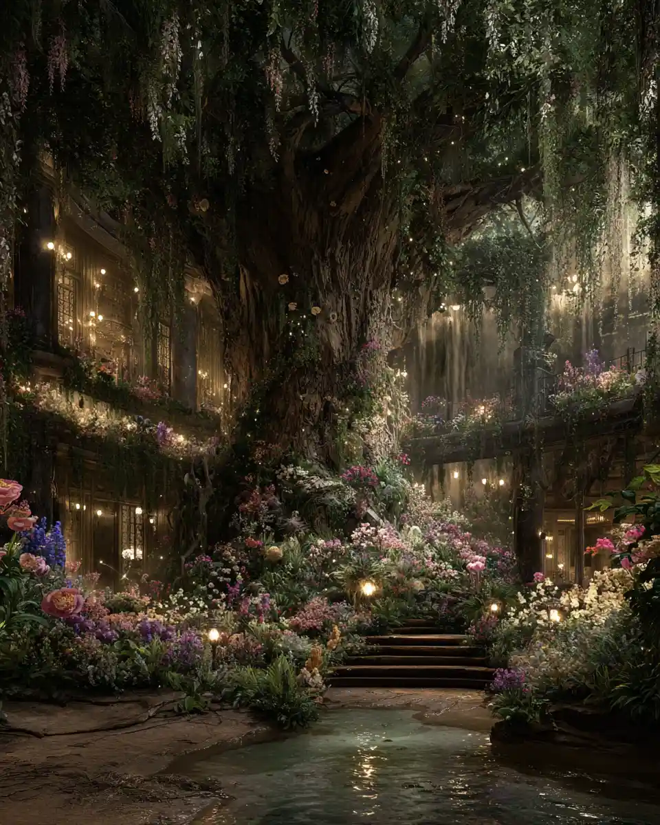 Hidden elven city in a colossal luminous world tree