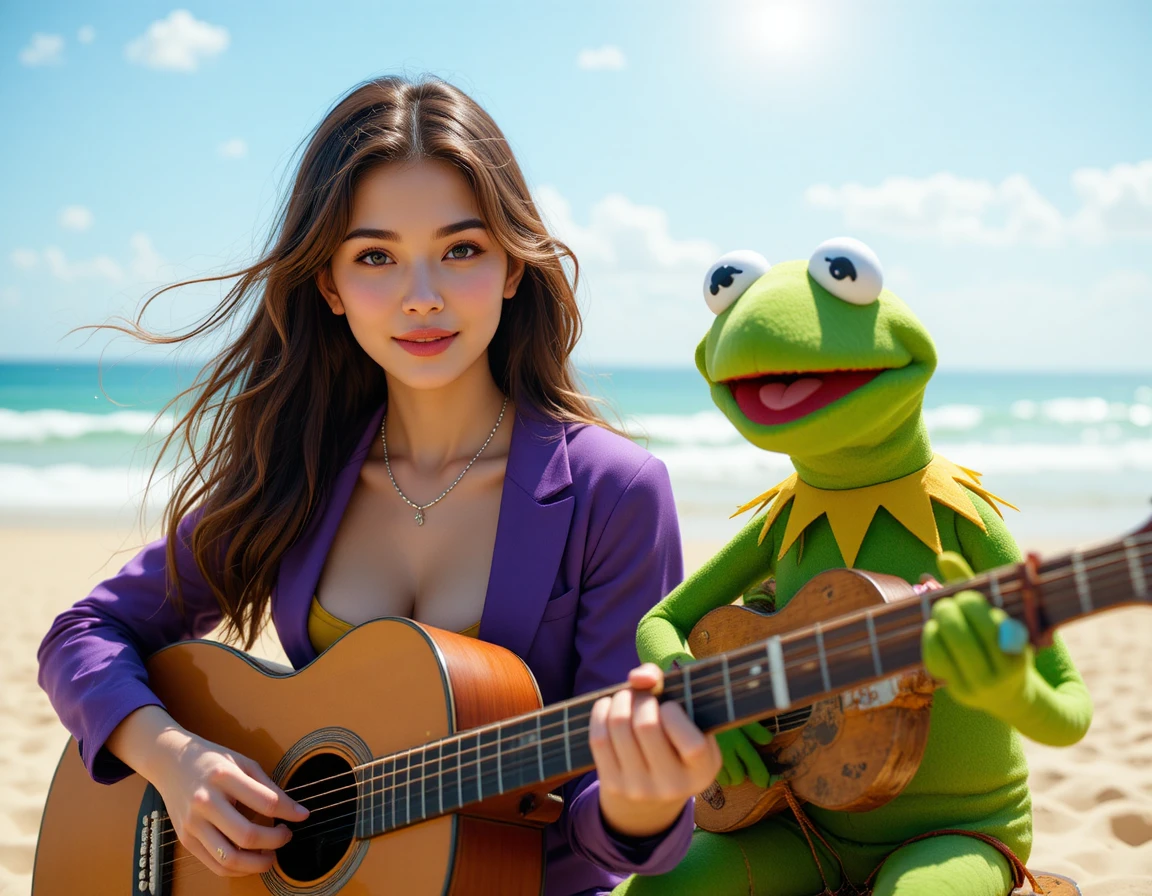 Joven tocando la guitarra junto a un muñeco verde en una playa soleada