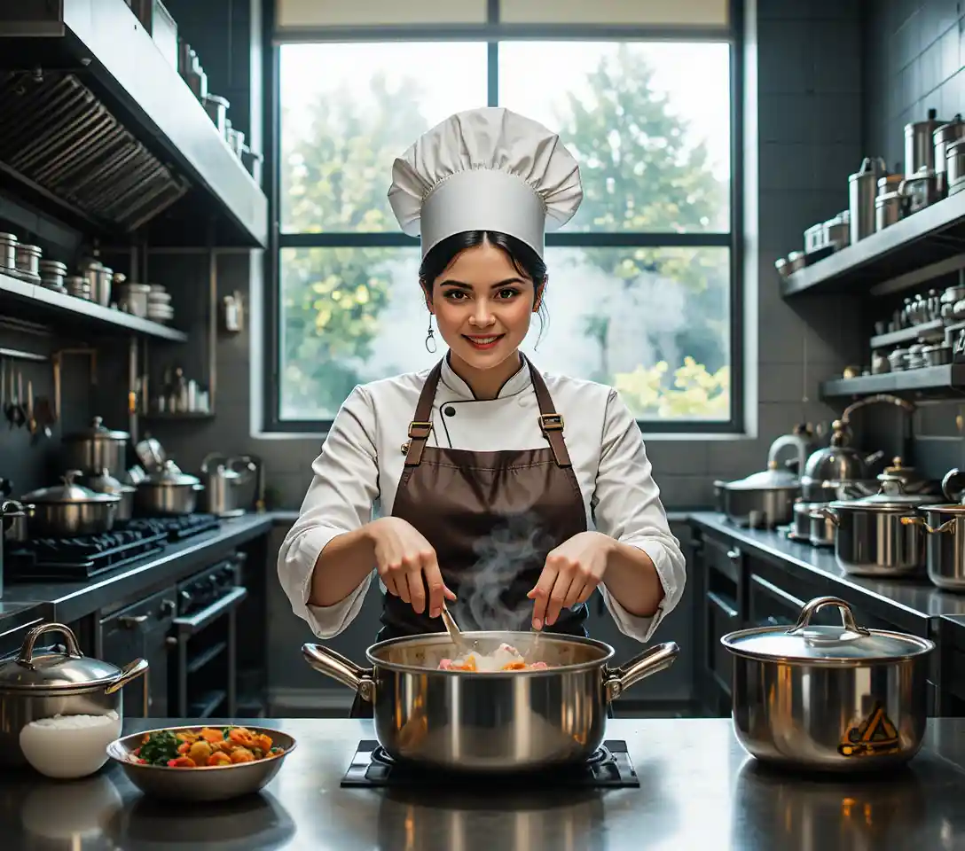 Female chef focused on cooking in a bright professional kitchen