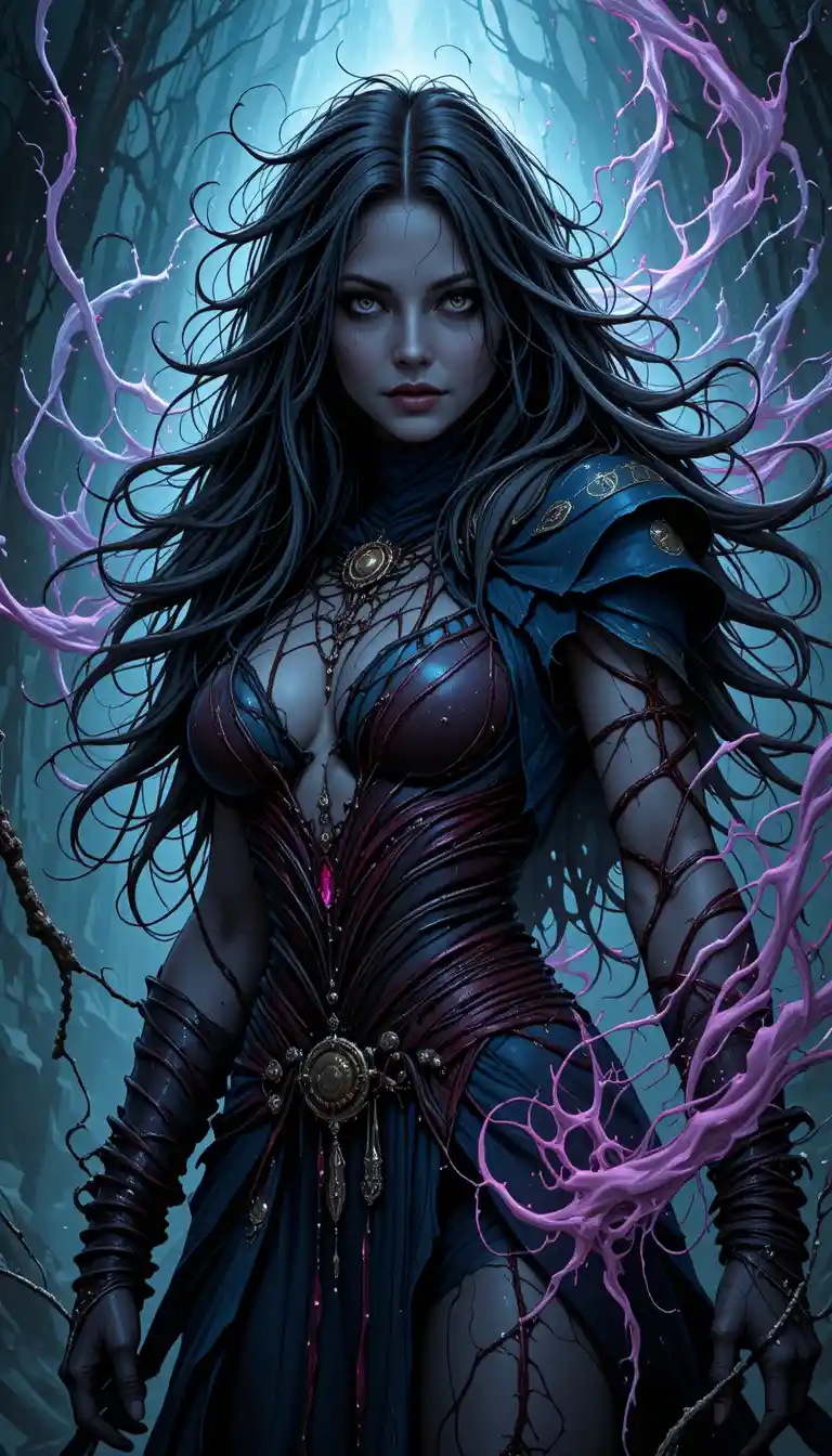 Corrupted female druid with ashen skin and pale eyes