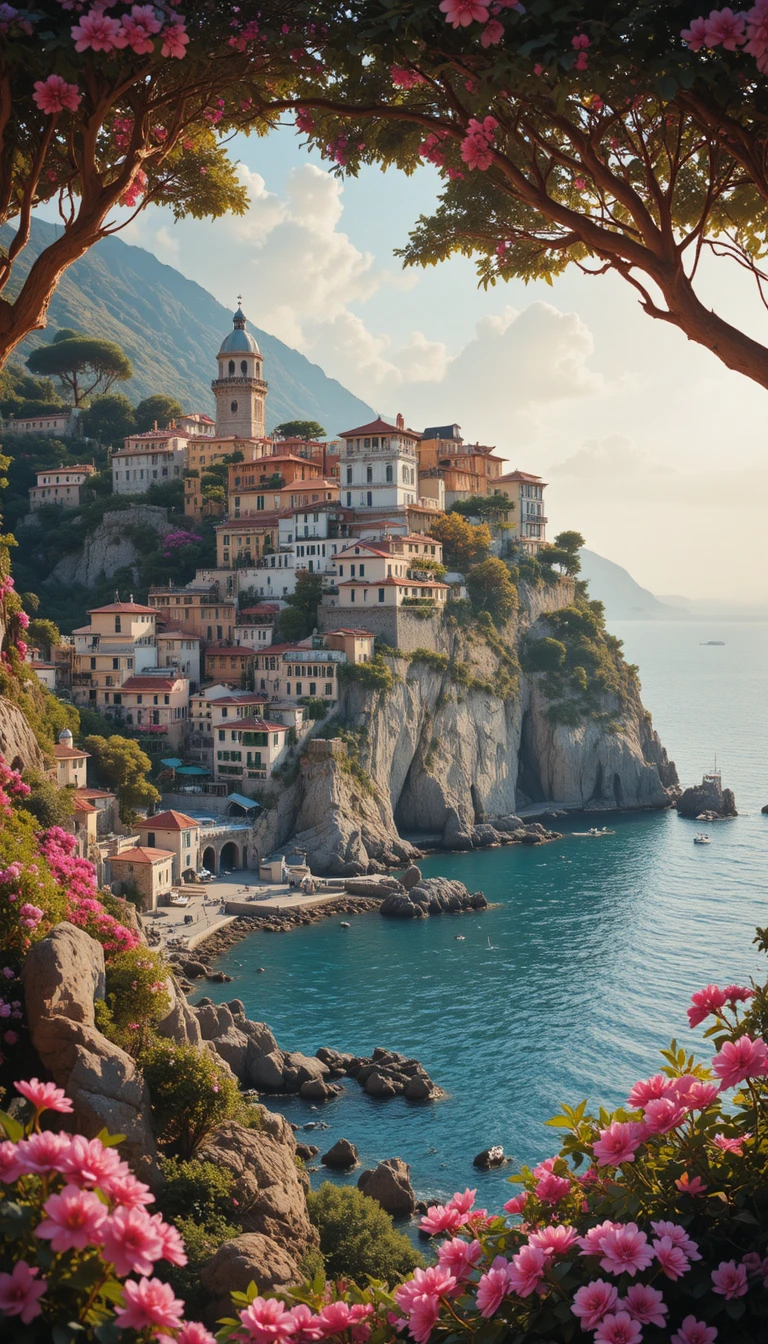 Scenic Amalfi coast seaside town in realistic postcard style