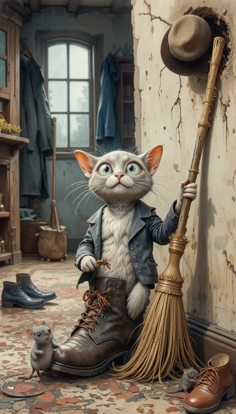 Cartoon cat and mouse with broom in a cozy room