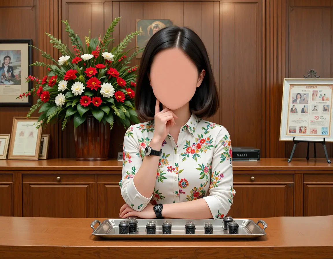 우아한 실내에서 나무 접수 데스크에 서 있는 여성