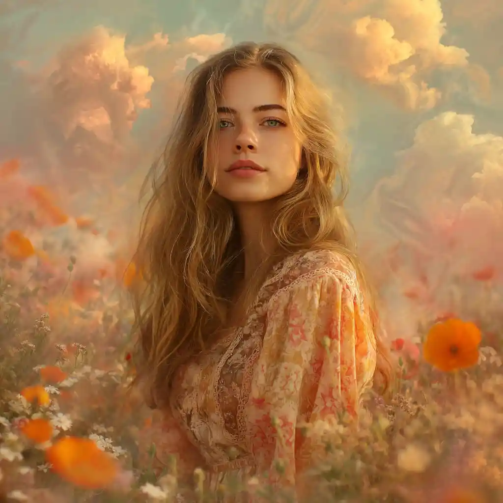Jovem mulher serena entre nuvens e pôr do sol com flores silvestres